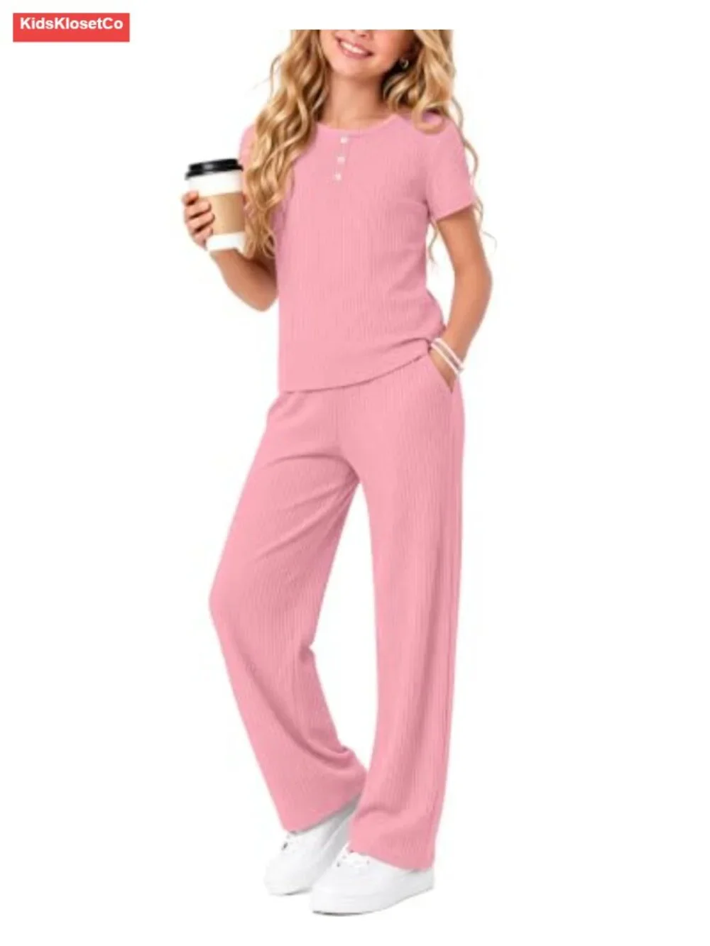 Girls 2 Piece Cotton Ribbed Outfit Set Short Sleeve Henley Top Pants